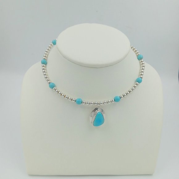 Vintage Sterling Silver Beaded Turquoise Choker - Picture 11 of 16